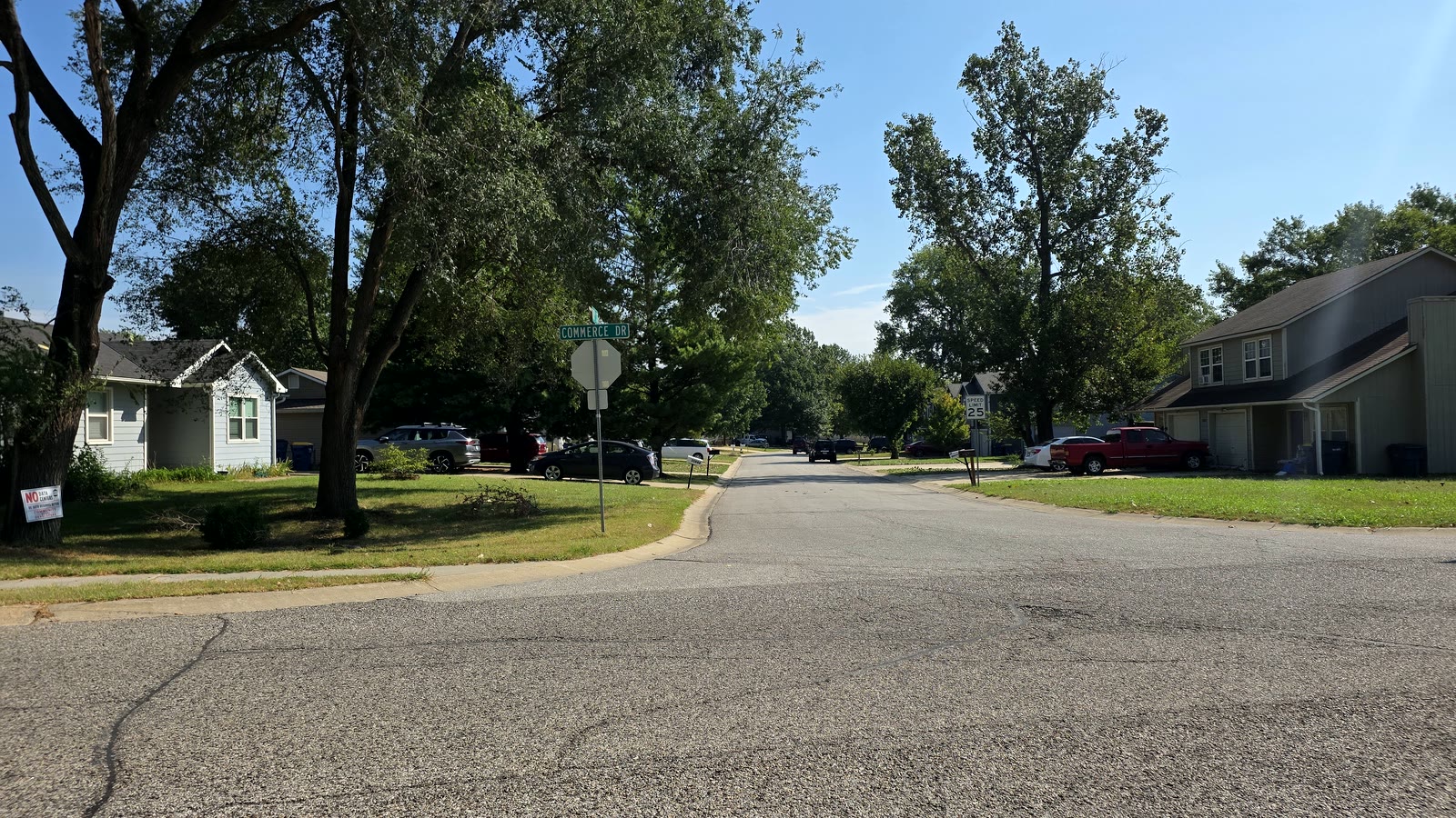 Tree-lined residential street in the DeMeadows neighborhood of De Soto, Kansas